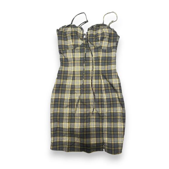 Papaya Grey/Yellow Plaid Body-Con Mini Dress Size Small - Picture 1 of 9